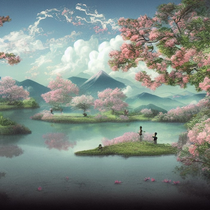00107-34312240-Highly defined aesthetic digital drawing of  cloud reflection in a lake, beautiful landscape of trees, flowers and villagers in.webp